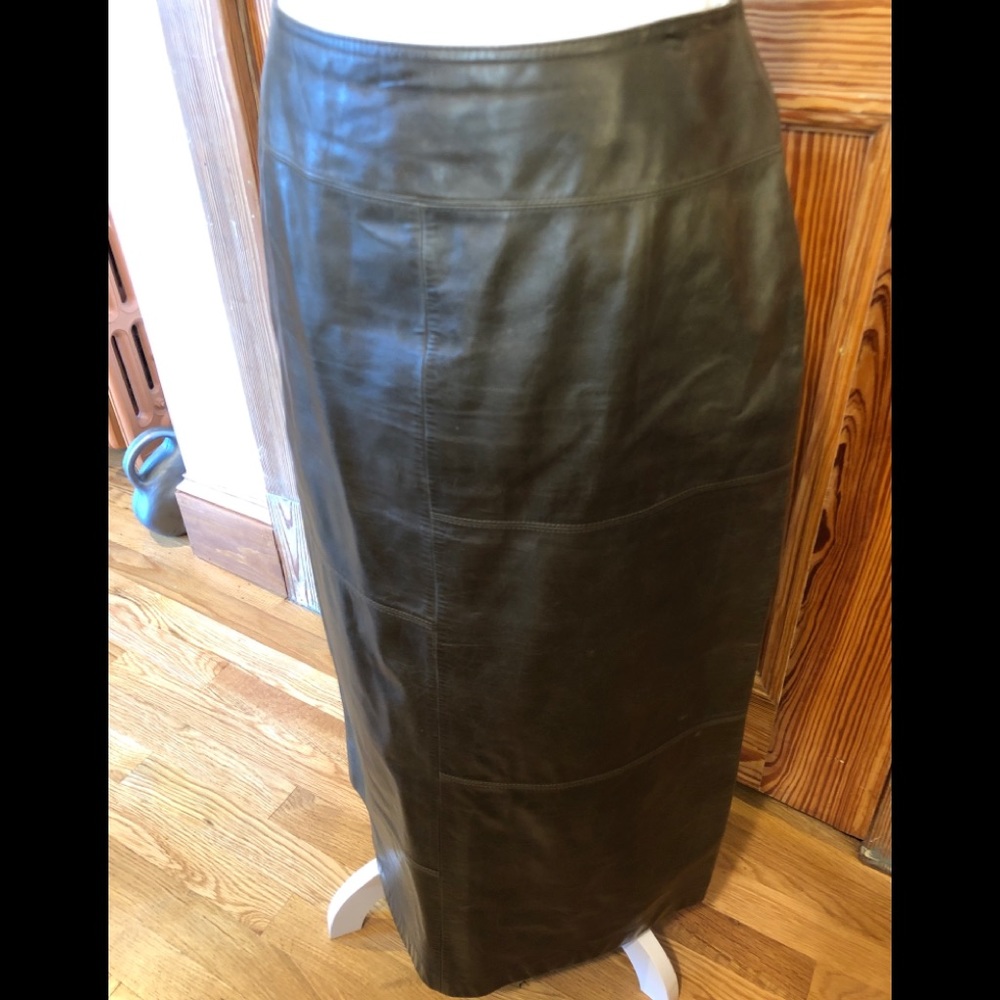 Olive Green Genuine Leather Midi Pencil Skirt